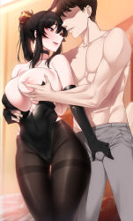 Rule 34 | 1boy, 1girl, abs, akchu, animal ears, bad id, bad twitter id, bare shoulders, black choker, black gloves, black hair, black leotard, black pantyhose, blurry, blurry background, bow, breast lift, breasts, brown eyes, brown hair, bulge, cameltoe, chobi (akchu), choker, cowboy shot, depth of field, elbow gloves, erection, erection under clothes, eye contact, faceless, faceless male, fake animal ears, gloves, grabbing, grabbing another&#039;s breast, grey pants, hair between eyes, hair bow, hair ornament, high ponytail, highleg, highleg leotard, highres, huge breasts, imminent penetration, indoors, legs together, leotard, lips, looking at another, muscular, nipple stimulation, nipple tweak, nipples, one breast out, original, pants, pantyhose, parted lips, pectorals, playboy bunny, ponytail, rabbit ears, red eyes, shaded face, short hair, sidelocks, skindentation, smile, standing, thighs