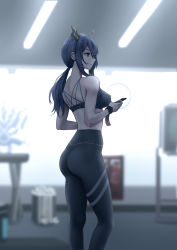 Rule 34 | 1girl, absurdres, arknights, ass, backlighting, bare arms, bare shoulders, black hair, black pants, breasts, ceiling light, cellphone, ch&#039;en (arknights), chalkboard, earrings, feet out of frame, high-waist pants, highres, holding, holding phone, horns, indoors, jewelry, long hair, looking afar, medium breasts, pants, parted lips, phone, ponytail, red eyes, sidelocks, smartphone, solo, sports bra, standing, stud earrings, trash can, yoga pants, yunkaiming