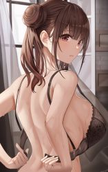 Rule 34 | asato mai, back, bra, breasts, brown hair, curtains, embroidered bra, frilled bra, frills, from behind, hair bun, highres, idolmaster, idolmaster shiny colors, indoors, large breasts, removing bra, solo, sonoda chiyoko, underwear, undressing, unfastened, wet