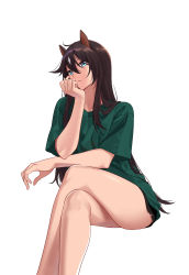Rule 34 | 1girl, absurdres, ahoge, alternate costume, animal ears, arknights, black shorts, breasts, brown hair, closed mouth, commentary request, crossed legs, feet out of frame, hair between eyes, head rest, highres, horse ears, long hair, medium breasts, meteor, meteor (arknights), mole, mole under eye, shijie jianfa, shirt, short shorts, short sleeves, shorts, simple background, sitting, solo, thighs, very long hair