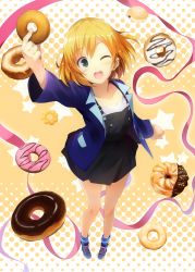 Rule 34 | 10s, 1girl, blonde hair, blue eyes, blush, collarbone, doughnut, food, gradient background, halftone, halftone background, highres, holding, jas (annkoromochi), looking at viewer, miyamori aoi, old-fashioned doughnut, one eye closed, open mouth, ribbon, shirobako, shoes, short hair, socks, solo