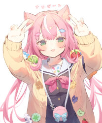Rule 34 | 1girl, :3, absurdres, animal ear fluff, animal ears, arms up, bag, black skirt, blush, bow, bowtie, cardigan, cat ears, cat girl, double v, green eyes, hair ornament, highres, long hair, long sleeves, looking at viewer, low twintails, multicolored hair, nijisanji, nijisanji kr, open cardigan, open clothes, open mouth, pink hair, pleated skirt, sailor collar, school uniform, serafuku, simple background, skirt, smile, solo, streaked hair, twintails, usanta, v, virtual youtuber, white background, white hair, white sailor collar, yang nari, yellow cardigan