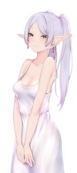 Rule 34 | 1girl, bare shoulders, blush, breasts, closed mouth, collarbone, cowboy shot, dress, earrings, frieren, green eyes, grey hair, highres, jewelry, long hair, looking at viewer, medium breasts, nikuku (kazedesune), parted bangs, pointy ears, simple background, sleeveless, sleeveless dress, smile, solo, sousou no frieren, teeth, twintails, upper teeth only, white background, white dress