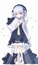 Rule 34 | 1girl, barefoot, black bow, black dress, bow, brown eyes, closed mouth, dress, frilled dress, frills, full body, grey hair, hair bow, hair over one eye, juliet sleeves, long sleeves, looking at viewer, hugging object, original, pigeon-toed, pillow, pillow hug, puffy sleeves, sailor collar, see-through, simple background, sleeves past fingers, sleeves past wrists, solo, standing, star (symbol), star-shaped pillow, two side up, white background, white sailor collar, yuuhagi (amaretto-no-natsu)