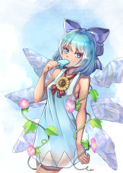 Rule 34 | 1girl, adapted costume, bare arms, bare shoulders, blue bow, blue dress, blue eyes, blue hair, bow, breasts, cirno, commentary request, cowboy shot, dress, flower, food, hair bow, hand up, highres, holding, holding food, ice, ice wings, leaf, looking at viewer, pink flower, plant, popsicle, red ribbon, ribbon, short hair, sleeveless, sleeveless dress, small breasts, solo, standing, sunflower, tanned cirno, touhou, vines, wings, yasu suupatenin