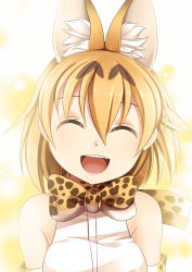 Rule 34 | 10s, 1girl, :d, ^ ^, animal ears, bare shoulders, blonde hair, bow, bowtie, closed eyes, commentary, elbow gloves, extra ears, closed eyes, facing viewer, gloves, hair between eyes, happy, highres, kemono friends, medium hair, open mouth, print bow, print bowtie, print neckwear, serval (kemono friends), serval print, shirt, sleeveless, sleeveless shirt, smile, solo, upper body, white shirt, yasume yukito