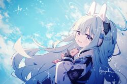 Rule 34 | 1girl, animal ears, black gloves, blue archive, blue halo, blush, braid, cellphone, crown braid, fake animal ears, gloves, grey hair, halo, highres, holding, holding phone, kasuga haruhi, long hair, long sleeves, looking at viewer, miyako (blue archive), open mouth, phone, purple eyes, rabbit ears, signature, smartphone, smile, solo, upper body