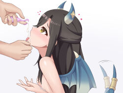 Rule 34 | 1girl, black hair, blue horns, blue wings, breasts, condom, cum, dragon girl, dragon wings, from side, highres, horns, lind (princess connect!), long hair, looking up, nipples, nude, open mouth, princess connect!, rgpv2273, sidelocks, simple background, small breasts, tail, tail wagging, tongue, tongue out, upper body, wings, yellow eyes
