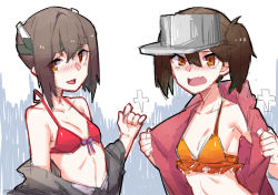 Rule 34 | 10s, 2girls, :d, bad id, bad pixiv id, bikini, blush, breasts, brown hair, highres, jacket, kantai collection, looking at viewer, multiple girls, navel, off shoulder, open mouth, orange background, red bikini, ryuujou (kancolle), shikigami, small breasts, smile, swimsuit, taihou (kancolle), twintails, visor cap, wulazula, yellow eyes