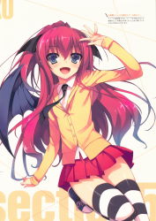 Rule 34 | 1girl, absurdres, blue eyes, blush, candy, demon wings, flat chest, food, highres, koakuma teeri to kyuuseishu!?, long hair, long sleeves, looking at viewer, necktie, official art, ponytail, red hair, scan, simple background, skirt, smile, solo, striped clothes, striped thighhighs, teeri (koakuma teeri to kyuuseishu!?), thighhighs, tomose shunsaku, wings, zettai ryouiki