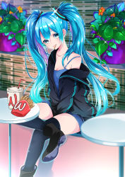 Rule 34 | 1girl, absurdres, blue hair, brand name imitation, drink, drinking straw, eating, flower, food, food in mouth, french fries, green eyes, hatsune miku, highres, hood, hoodie, long hair, looking at viewer, mouth hold, off shoulder, raito, sitting, solo, thighhighs, twintails, very long hair, vocaloid