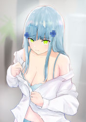 Rule 34 | 1girl, absurdres, blue bra, blue hair, blush, bra, breasts, cleavage, closed mouth, collarbone, girls&#039; frontline, green eyes, highres, hk416 (girls&#039; frontline), long hair, looking at viewer, medium breasts, open clothes, open shirt, shirt, simple background, solo, solokitsune, standing, underwear, white shirt