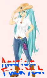 Rule 34 | 1girl, aqua eyes, aqua hair, belt, belt buckle, boots, buckle, chain, cowboy boots, cowboy hat, cowboy western, denim, drawfag, drinking straw, english text, full body, hand on own hip, hat, hatsune miku, highres, jeans, long hair, magister, mouth hold, one eye closed, pants, sleeves rolled up, solo, spring onion, straw (stalk), unfinished, united states, very long hair, vocaloid, wink