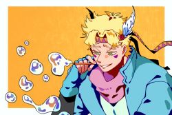 Rule 34 | 1boy, aqua eyes, battle tendency, blonde hair, blue gloves, bubble, blowing bubbles, bubble pipe, caesar anthonio zeppeli, colored eyelashes, facial mark, feather hair ornament, feathers, fingerless gloves, gloves, hair ornament, headband, highres, hydrokinesis, jacket, jojo no kimyou na bouken, male focus, orange background, scarf, short hair, simple background, smile, solo, water, wulie errr