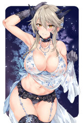 Rule 34 | 1girl, absurdres, artoria pendragon (fate), artoria pendragon (lancer alter) (fate), artoria pendragon (lancer alter) (royal icing) (fate), babydoll, bare shoulders, black panties, blue background, blush, braid, breasts, choker, cleavage, clothes lift, collarbone, fate/grand order, fate (series), french braid, garter belt, hair between eyes, highres, hip focus, horns, jewelry, large breasts, lingerie, long hair, looking at viewer, necklace, official alternate costume, panties, see-through, sidelocks, sirurabbit, smile, solo, thighs, underwear, yellow eyes