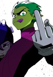 Rule 34 | 1boy, 1girl, absurdres, animification, beast boy (dc), black shirt, closed mouth, colored skin, colored tongue, dc comics, forehead, from side, gloves, green hair, green skin, grey skin, hair slicked back, hands up, head grab, head on chest, highres, hood, hood up, isaacchief300, long sleeves, looking at another, looking at viewer, male focus, middle finger, paint splatter, parted lips, purple hair, purple shirt, purple tongue, raven (dc), shirt, short hair, simple background, solo focus, teen titans, tongue, tongue out, two-tone shirt, upper body, v-shaped eyebrows, white background, white gloves