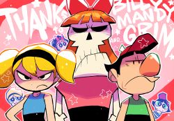 Rule 34 | 2boys, 4girls, :c, :o, angry, baseball cap, billy (grim adventures), billy (grim adventures) (cosplay), blonde hair, blossom (ppg), blossom (ppg) (cosplay), bow, bubbles (ppg), bubbles (ppg) (cosplay), buttercup (ppg), buttercup (ppg) (cosplay), cartoon network, company connection, cosplay, costume switch, crossover, grim (grim adventures), hair bow, hat, highres, mandy (grim adventures), mandy (grim adventures) (cosplay), multiple boys, multiple girls, powerpuff girls, rariatto (ganguri), red bow, scythe, shaded face, shading, skeleton, the grim adventures of billy &amp; mandy, toon (style)