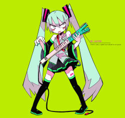 Rule 34 | &gt;:p, 1girl, :p, black footwear, black skirt, black sleeves, boots, detached sleeves, electric guitar, english text, engrish text, green eyes, green nails, green necktie, grey shirt, guitar, hatsune miku, instrument, knee boots, light green hair, nail polish, necktie, pink nails, pleated skirt, ranguage, red sash, sash, shirt, skirt, sleeveless, sleeveless shirt, solo, spring onion, standing, terada tera, tie clip, tongue, tongue out, twintails, vocaloid, wide sleeves