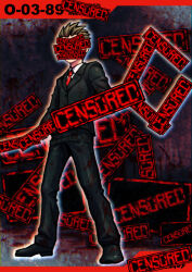 Rule 34 | 1boy, bar censor, black footwear, black jacket, black pants, blonde hair, buttons, censored, censored (project moon), check gender, collared jacket, collared shirt, commentary request, dark background, denim, e.g.o (project moon), employee (project moon), faceless, full body, holding, holding weapon, jacket, jeans, lobotomy corporation, long sleeves, male focus, meimaru inuchiyo, necktie, numbered, pants, partial commentary, project moon, red necktie, shirt, shoes, spiked hair, weapon, white shirt
