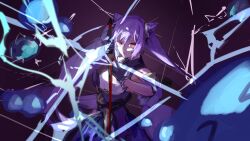 Rule 34 | 1girl, absurdres, closed mouth, commentary, cone hair bun, cowboy shot, double bun, dress, electricity, floating hair, genshin impact, gloves, gyoukan (jfxc), hair bun, highres, holding, holding sword, holding weapon, keqing (genshin impact), long hair, looking at viewer, purple gloves, purple hair, purple theme, red eyes, sleeveless, sleeveless dress, solo, sword, twintails, weapon