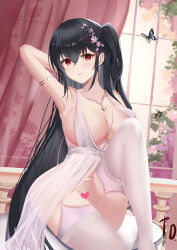Rule 34 | 1girl, absurdres, arm behind head, armpits, azur lane, backless dress, backless outfit, black hair, breasts, bug, butterfly, censored, center opening, cleavage, cocktail dress, curtains, dress, evening gown, garter straps, hair between eyes, heart, heart censor, highres, indoors, insect, jewelry, large breasts, long hair, looking at viewer, nanoda002 (saber427), necklace, no panties, official alternate costume, plunging neckline, red eyes, satin dress, see-through, see-through dress, sitting, sleeveless, sleeveless dress, taihou (azur lane), taihou (temptation on the sea breeze) (azur lane), thighhighs, very long hair, white dress, white garter straps, white thighhighs, window
