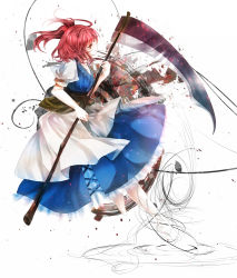 Rule 34 | 1girl, ahoge, bad id, bad pixiv id, barefoot, breasts, cleavage, female focus, onozuka komachi, profile, red hair, scythe, silentdin, solo, sparks, touhou, transparent, twintails, two side up, white background