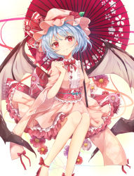 Rule 34 | 1girl, adapted costume, bat wings, blue hair, bow, bowtie, breasts, commentary, dress, ear piercing, floral print, flower, frills, hat, hat flower, hat ribbon, konnyaku (yuukachan 51), leaf, long sleeves, looking at viewer, mob cap, oil-paper umbrella, petticoat, piercing, pink dress, pink flower, purple flower, red bow, red bowtie, red eyes, red flower, red footwear, red ribbon, red rose, remilia scarlet, ribbon, rose, short hair, sitting, small breasts, smile, solo, touhou, umbrella, white background, wide sleeves, wings
