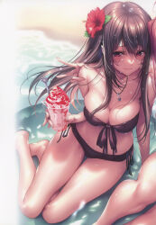 Rule 34 | 1girl, absurdres, bare shoulders, barefoot, bikini, blush, breasts, brown eyes, brown hair, cleavage, closed mouth, feet, fingernails, flower, food, front-tie bikini top, front-tie top, hair flower, hair ornament, hanikami kanojo, hibiscus, highres, holding, holding food, jewelry, lips, long hair, medium breasts, minazumi kasane, navel, necklace, out of frame, partially submerged, piromizu, scan, shaved ice, shore, simple background, sitting, spoon, stomach, swimsuit, thighs, water, water drop, wet