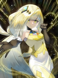 Rule 34 | 1girl, black choker, blonde hair, blunt bangs, choker, closed mouth, collarbone, commentary request, creatures (company), dress, elbow gloves, game freak, gloves, green eyes, hair ornament, hand up, long hair, looking at viewer, lusamine (pokemon), lusamine (sygna suit) (pokemon), nintendo, official alternate costume, pokemon, pokemon masters ex, smile, solo, twitter username, watermark, yamanashi taiki, yellow dress