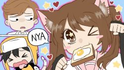 Rule 34 | 1girl, 2boys, animal ears, black hair, blue background, blush stickers, bread, brown hair, cat ears, cat girl, commentary, connor (character), daidus (character), egg, egg (food), emirichu, emirichu (character), english commentary, english text, closed eyes, eyes visible through hair, food, gloves, hair between eyes, hat, heart, long hair, looking at viewer, multiple boys, one eye closed, open mouth, paw pose, real life, scrambled egg, simple background, speech bubble, star (symbol), tongue, tongue out, twintails, upper body