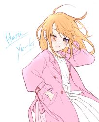 Rule 34 | 1girl, blush, brown eyes, character name, coat, commentary request, dress, floating hair, idolmaster, idolmaster cinderella girls, koichi makoto, long hair, looking at viewer, one eye closed, open clothes, open coat, open mouth, orange hair, pink coat, simple background, sketch, solo, white background, white dress, wind, yuuki haru