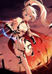 Rule 34 | 1girl, 2757956654, absurdres, antenna hair, bare shoulders, black gloves, blue eyes, boots, breasts, cape, cleavage, closed mouth, cloud, cloudy sky, earrings, gauntlets, gloves, hair between eyes, hair ornament, highres, honkai (series), honkai impact 3rd, jewelry, kiana kaslana, kiana kaslana (herrscher of flamescion), long hair, looking at viewer, outdoors, ponytail, running, sky, solo, standing, standing on one leg, sunset, thigh boots, thighhighs, torn cape, torn clothes, v-shaped eyebrows, white footwear, white hair