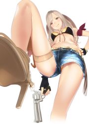 Rule 34 | 1girl, :q, ama mitsuki, bikini, bikini top only, black gloves, blush, bra, bracelet, breasts, brown eyes, cleavage, closed mouth, commentary request, cowboy hat, denim, denim shorts, fingerless gloves, from below, gloves, gun, hand on own hip, handgun, hat, high heels, holding, holding gun, holding weapon, holster, jewelry, licking lips, light brown hair, long hair, looking at viewer, looking down, midriff, navel, original, panties, pantyshot, pistol, revision, revolver, short shorts, shorts, simple background, smile, solo, spurs, standing, swimsuit, thigh holster, thigh strap, thighs, tongue, tongue out, trigger discipline, underwear, upshorts, wavy hair, weapon, white background, yellow bra, yellow panties