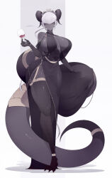 Rule 34 | 1girl, absurdres, alcohol, bare shoulders, black horns, breasts, clawed feet, cleavage, colored skin, cup, curled horns, dress, drinking glass, full body, grey dress, grey eyes, grey skin, highres, horns, ill (ub1mo), joints, large breasts, long hair, long tail, looking at viewer, monster girl, original, plunging neckline, robot joints, sideboob, simple background, smile, solo, tail, thick thighs, thighs, ub1mo, white hair, wine, wine glass