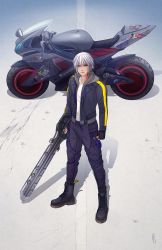 Rule 34 | 1boy, aqua eyes, artist name, biker clothes, black footwear, black gloves, black jacket, blue pants, boots, crown (symbol), dream eater, earrings, fingerless gloves, full body, gloves, grey hair, hair between eyes, highres, holding, holding keyblade, holding weapon, jacket, jewelry, keyblade, kingdom hearts, looking at viewer, male focus, mickey mouse, motor vehicle, motorcycle, pants, pineapplebreads, riku (kingdom hearts), road, shirt, short hair, single earring, solo, standing, sticker, weapon, white shirt