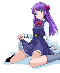 Rule 34 | 1girl, arm support, belt, black belt, blue eyes, bow, bowtie, closed mouth, collared shirt, dress, grey socks, hair bow, kaguya madoka, kneehighs, leaning back, long hair, long sleeves, looking at viewer, pinafore dress, precure, purple dress, purple hair, red bow, red bowtie, shirt, short dress, simple background, sitting, sketch, skirt hold, sleeveless, sleeveless dress, smile, socks, solo, star twinkle precure, striped clothes, striped dress, uraki, vertical-striped clothes, vertical-striped dress, white background, white shirt, wing collar
