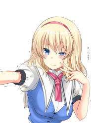 Rule 34 | 1girl, alice margatroid, awkward pose, bad id, bad pixiv id, blonde hair, blue eyes, blush, capelet, forced smile, hairband, outstretched arm, puffy short sleeves, puffy sleeves, reaching, reaching towards viewer, selfie, shigemiya kyouhei, short sleeves, solo, sweat, touhou, trembling, uneven eyes, upper body, v, wavy mouth, white background
