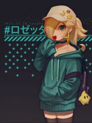 Rule 34 | 1girl, 2022, alternate costume, artist name, backpack, bag, baseball cap, black background, blonde hair, blue eyes, candy, casual, charm (object), choker, collarbone, contemporary, cowboy shot, drawstring, earrings, food, hair over one eye, hand in pocket, hashtag, hat, hat pin, highres, hood, hoodie, japanese text, jewelry, lollipop, long hair, long sleeves, looking at viewer, luma (mario), mario (series), nintendo, nonana (galaxycat89p13), off shoulder, ponytail, power moon, rosalina, sleeves past fingers, sleeves past wrists, solo, super mario galaxy, super mushroom, super star (mario), thighhighs, white hat
