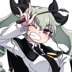 Rule 34 | 10s, 1girl, anchovy (girls und panzer), anzio school uniform, arm up, black cape, black ribbon, blush, breasts, cape, drill hair, female focus, girls und panzer, green hair, grin, hair ribbon, hanya (hanya yashiki), highres, long hair, looking at viewer, medium breasts, one eye closed, red eyes, ribbon, school uniform, simple background, smile, solo, twin drills, twintails, very long hair, white background, wink