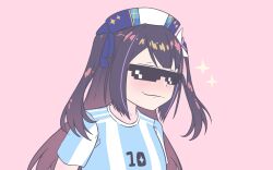 Rule 34 | 2022 fifa world cup, alternate costume, argentina, argentinian flag, argentinian flag print, black hair, blue headwear, blue shirt, breasts, colored inner hair, commentary, flag print, highres, hina misora, hina misora (artist), long hair, low twintails, medium breasts, multicolored hair, pink background, pink hair, shirt, short sleeves, simple background, smile, soccer uniform, sportswear, streaked hair, striped clothes, striped shirt, sunglasses, twintails, two-tone hair, vertical-striped clothes, vertical-striped shirt, very long hair, virtual youtuber, wactor production, white headwear, white shirt, world cup