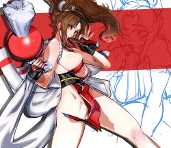 Rule 34 | 1girl, arm guards, bare shoulders, breasts, brown eyes, brown hair, cleavage, fatal fury, folded fan, folding fan, hand fan, high ponytail, highres, holding, holding fan, japanese clothes, large breasts, long hair, looking at viewer, ninja, pelvic curtain, ponytail, redgray21st, revealing clothes, rope, shiranui mai, sideboob, smile, snk, solo, the king of fighters, thighs