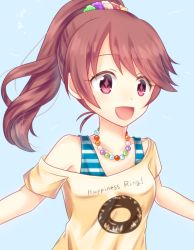 Rule 34 | 10s, 1girl, blush, brown eyes, brown hair, clothes writing, doughnut, food, hair ornament, idolmaster, idolmaster cinderella girls, jewelry, long hair, necklace, off shoulder, open mouth, out of frame, ponytail, shiina noriko, simple background, smile, solo, suzuaki (angelic-sh)