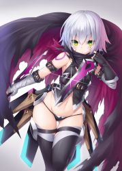 Rule 34 | 1girl, arm belt, bandaged arm, bandages, bare shoulders, belt, belt buckle, black belt, black cloak, black gloves, black panties, black shirt, black thighhighs, buckle, chabaneko, cloak, closed mouth, dagger, dual wielding, facial scar, fate/apocrypha, fate (series), fingerless gloves, glint, gloves, green eyes, grey background, hair between eyes, highres, holding, holding knife, holding weapon, jack the ripper (fate/apocrypha), knife, leg up, looking at viewer, navel, panties, reverse grip, scabbard, scar, scar across eye, scar on cheek, scar on face, sheath, sheathed, shirt, short hair, shoulder tattoo, silver hair, single glove, sleeveless, sleeveless shirt, solo, standing, standing on one leg, stomach, tattoo, thigh gap, thighhighs, torn cloak, torn clothes, underwear, weapon