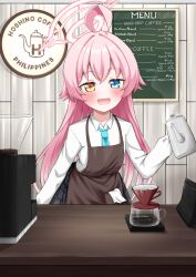 1girl absurdres ahoge apron aqua_necktie barista black_skirt blue_archive blue_eyes brown_apron cafe chalkboard coffee_beans coffee_filter coffee_grinder coffee_pot collared_shirt commentary english_commentary english_text fang halo heterochromia highres holding_coffee_pot hoshino_(blue_archive) kitchen_scale leaning_forward long_sleeves necktie nomorakazu open_mouth orange_eyes pink_hair plaid_clothes plaid_skirt shirt skirt smile solo standing steam weighing_scale white_shirt wooden_wall