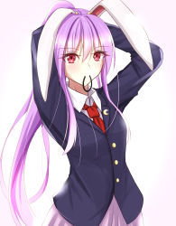 Rule 34 | 1girl, alternate hairstyle, arms behind head, arms up, bad id, bad pixiv id, blush, crescent, crescent pin, gradient background, hair between eyes, hair tie in mouth, highres, jacket, lavender skirt, light blush, light purple hair, long hair, long sleeves, looking at viewer, mouth hold, musteflott419, necktie, pink background, pleated skirt, ponytail, red eyes, red necktie, reisen udongein inaba, shirt, simple background, skirt, smile, solo, standing, suit jacket, touhou, tying hair, upper body, very long hair, white background, white shirt, wing collar