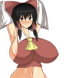 Rule 34 | 1girl, areola slip, armpits, arms behind head, bare shoulders, black hair, breasts, covered erect nipples, curvy, detached sleeves, female focus, hair ornament, hair ribbon, hair tubes, hakurei reimu, huge breasts, japanese clothes, miko, musuka (muska), navel, red eyes, ribbon, short hair, sideboob, simple background, solo, standing, touhou, upper body, white background