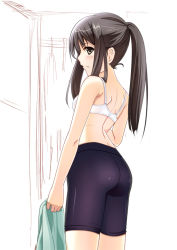 Rule 34 | 10s, 1girl, asakura ryou (artist), ass, back, bare shoulders, bike shorts, black hair, blush, bra, breasts, unworn clothes, cowboy shot, from side, frown, hanasaku iroha, high ponytail, hino minato (spec.c), holding, lingerie, looking at viewer, looking back, monochrome background, partially colored, ponytail, profile, sidelocks, sketch, small breasts, solo, standing, tsurugi minko, underwear, white bra