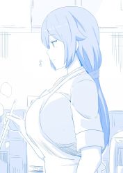 Rule 34 | 1girl, apron, arm at side, arm up, blue theme, breasts, closed mouth, cooking, female focus, hair between eyes, huge breasts, kitchen, large breasts, long hair, looking to the side, mature female, monochrome, nao (ritsancrossover), original, pot, shirt, sleeves rolled up, smile, solo, upper body, white apron, white shirt