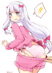 Rule 34 | !, !!, 10s, 1girl, ass, assisted exposure, blue eyes, blush, bow, breasts, clothes pull, cowboy shot, eromanga sensei, from behind, furrowed brow, hair bow, izumi sagiri, leaning forward, long hair, long sleeves, looking at viewer, low-tied long hair, natsu (natume0504), open mouth, pajamas, panties, pink bow, pink panties, pink ribbon, ribbon, shorts, shorts pull, side-tie panties, silver hair, simple background, sketch, small breasts, solo focus, speech bubble, standing, tareme, teardrop, tearing up, twitter username, underwear, very long hair, wavy mouth, white background
