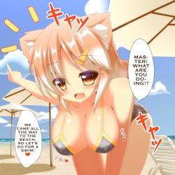 Rule 34 | 1girl, :d, animal ears, beach, bent over, bikini, black bikini, blue sky, breasts, brown hair, cloud, commentary request, dog ears, dog tail, fang, floral print, gradient hair, hair ornament, hairclip, hajime (ak-r), hard-translated, highres, large breasts, maki-chan, multicolored hair, navel, ocean, open mouth, original, personification, red eyes, shiba inu, short hair, side-tie bikini bottom, sky, smile, swimsuit, tail, third-party edit, translated, underboob